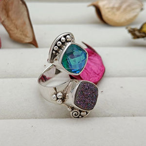 Bague multi-pierres avec pierre de quartz naturel et Druzy | Bague en argent sterling 925 pour femme | Anniversaire, mariage | Vente en gros - Product Image 1