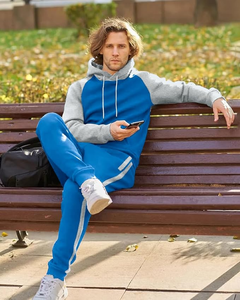 Men's Blue Gray Color Blocking Hoodie Sweatpants <b>Set</b> Casual Fleece Tracksuit Autumn Wear - Product Image 5