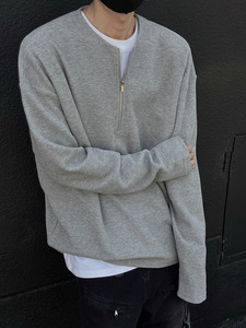 Cremallera Waffle Color sólido Hombres Sudadera Camiseta suelta de manga larga con cuello redondo Versátil Casual Cremallera Sudaderas con capucha - Product Image 4