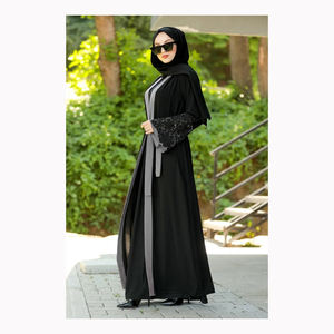 Eid Abaya with Soft Solid Puff Sleeves Silky Kaftan Muslim Dress Dubai Turkey. High Collar Islamic Clothing <b>Cardigan</b> Gulf Abayas - Product Image 1