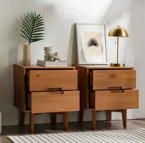 Mesita de noche de madera minimalista de mediados de siglo, mesita de noche de dos cajones en pino para sala de estar, hotel o centro comercial, dormitorios ecológicos - Product Image 2