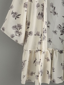 Women <b>Kimono</b> Cover up V Neck Flower Pattern Front Open Train Bottom Frill Casual Printed Chiffon A-Line Knee-Length Tunics - Product Image 3