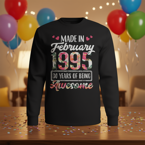 T-shirt floral pour 30e anniversaire, manches longues, fabriqué en février 1995, catégorie de produit : T-shirts promotionnels - Product Image 3