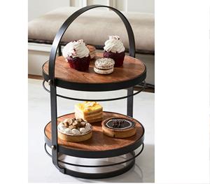Support à gâteau moderne rond à 2 niveaux en bois et en métal Articles personnalisés faits à la main avec design de fleurs romantiques Nouvelle arrivée - Product Image 2