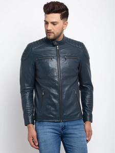 Chaqueta de Cuero Azul para Hombre, Estilo Vintage, Motociclista, Café Racer, con Hombros Acolchados, Cuello Alto, Capucha, Secado Rápido - Product Image 5