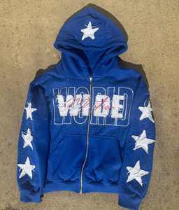 Personnalisé Vintage 100% Coton Zip up en Détresse Broderie Patch Acide Lavage À Capuche Hommes Strass Hommes Hoodies - Product Image 4