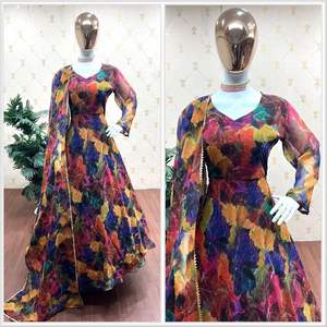 Readymade Indian Long Gown & Dupatta Set, Georgette avec impression numérique 3d, tenue de fête à coutures complètes pour femmes et filles - Product Image 2