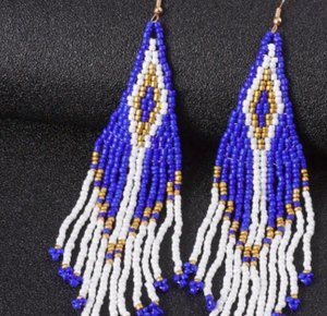 Pendientes Largos de Cuentas Azules de Moda, Pendientes Colgantes de Borlas Hechas a Mano con Cuentas Azules y Doradas, Joyería de Regalo - Product Image 1