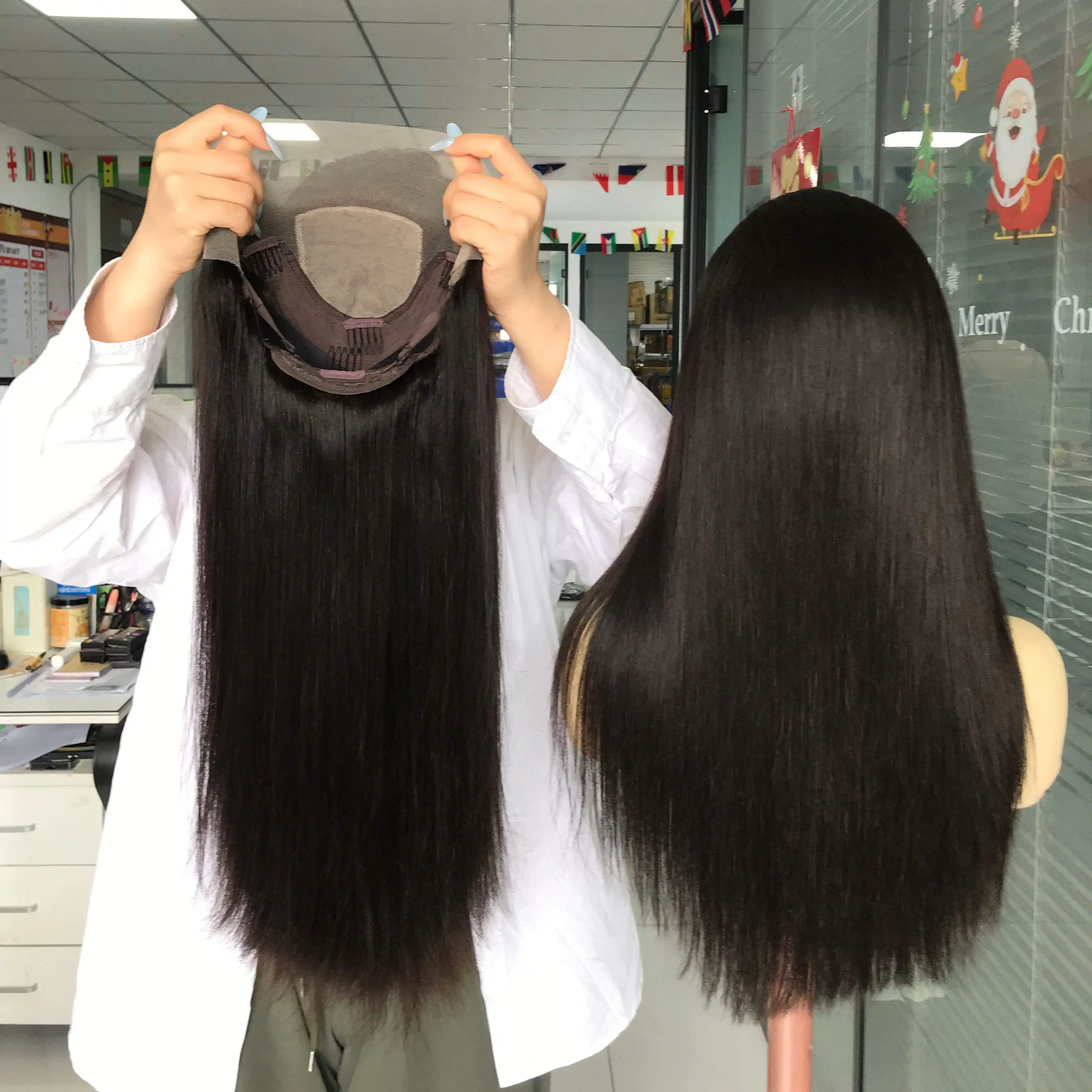 Dantel ön peruk Frontal ipek taban peruk insan saçı brezilyalı saç uzun bakire saç düz çift çizilmiş doğal siyah 1 parça