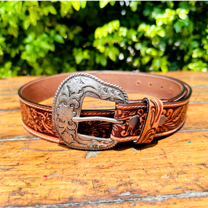 สายหนังแท้คุณภาพพรีเมียม Pazli Art แบบสั่งตัดได้ สีน้ำตาล หนังวัวแท้ สไตล์คาวบอยตะวันตก ลายดอกไม้ แกะสลักด้วยมือ หัวเข็มขัดทองเหลืองและเงิน หนังแท้ 40 มม. - Product Image 2