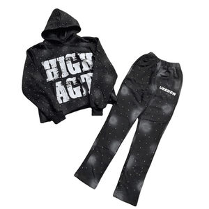 Conjunto de Chándal de Dos Piezas de Forro Polar con Estampado de Diamantes de Imitación Personalizado, Pantalones Deportivos Holgados con Campana, Sudadera con Capucha, 100% Algodón - Product Image 2