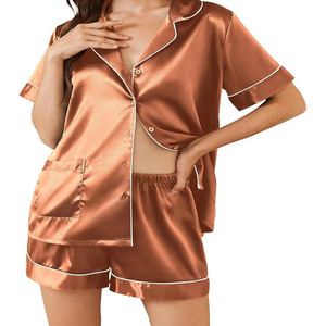 Ropa de dormir Conjunto de satén de verano Nuevos pantalones cortos básicos de manga corta Cintura elástica Ropa de Casa informal de dos piezas - Product Image 5