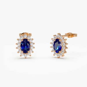 0.60ctw Oval Cut Blue Sapphire & 0.22ctw Cut <b>Diamonds</b> Solid Gold Gemstone <b>Diamond</b> Stud Earrings Fashion Drop Earrings Gift Her - Product Image 1