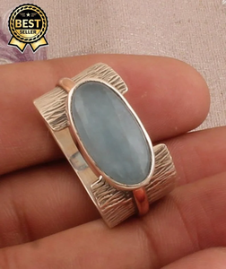 Bague spinner en argent sterling 925 massif avec pierres précieuses aigue-marine Bague de soulagement de l'anxiété de mariage bicolore faite à la main unisexe - Product Image 2