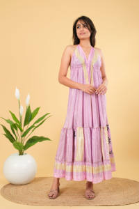 Robe longue en soie à dos nu style bohème, motif floral, impression sérigraphique durable, style de fête - Product Image 5