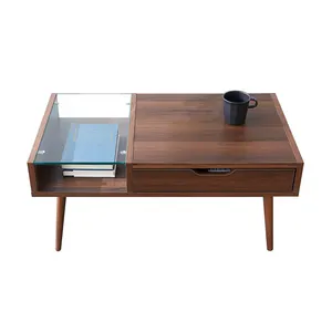Knock Down Glass Coffee Table with wood leg