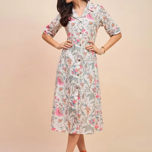 Women's Floral Print A-Line <b>Shirt</b> <b>Dress</b> 100% Cotton Blend Calf Length Western <b>Dress</b> for Spring Casual Party Embroidered - Product Image 1