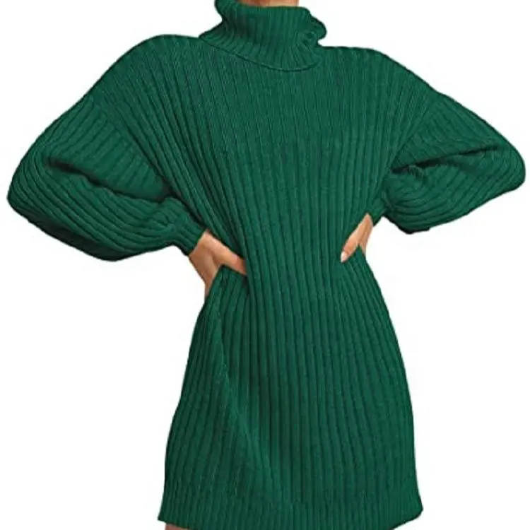 Sweter Wanita Hijau, Hangat Lembut Panjang Wanita Sweater, Modis Turtleneck Sweater