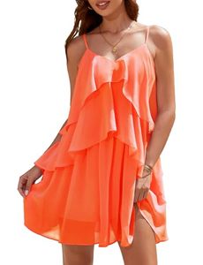 Vestido Mini de Chifón Naranja para Mujer al por Mayor con Tirantes Finos y Volantes en el Bajo, Holgado, Transpirable, Casual, Primavera/Verano - Product Image 3
