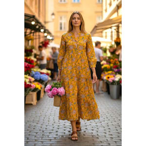 Vestido Maxi de Algodón con Estampado Floral Amarillo, Estilo Bohemio y Elegante, con Volantes y Detalles Drapeados - Product Image 1