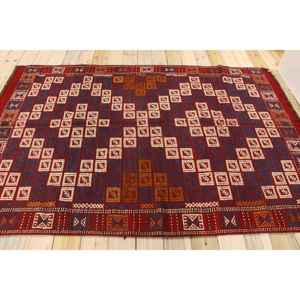 Alfombra vintage grande de 5.2x7.9 pies, alfombra turca, alfombra de lana con motivos de plantas y árboles en rojo y azul - Product Image 2