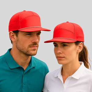 Bordado personalizado de 7 paneles de ala plana de poliéster rojo Gorras impermeables Laser Cut Hole Snapback Gorras y sombreros con logotipo personalizado - Product Image 1