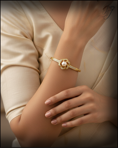 Gold Plated Freshwater Pearl <b>Bracelet</b> with American Diamond Flower Design – Luxury CZ Pearl <b>Bracelet</b> for Women - Product Image 3