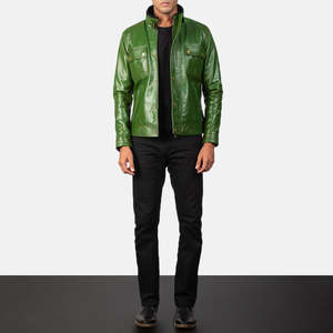 Chaqueta de Motero Darren de Cuero Genuino de Vaca y PU, Verde Desgastado, Cuello Alto, Cierre de Cremallera Reversible, Tallas XS-6XL para Otoño - Product Image 4