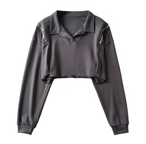 Novedad de 2025, Tops cortos de manga larga para mujer, sudaderas transpirables de talla grande, técnica de lavado para primavera, venta al por mayor barata - Product Image 2