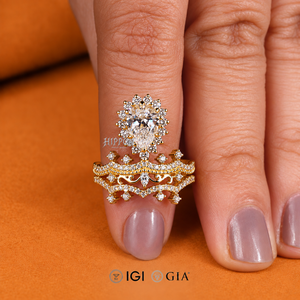 Guardian Angel <b>Chandelier</b> Ring, 1.01 CT Pear Cut Lab Grown Diamond Bridal Set, Diamond Wedding Set, Diamond Crown Tiara Ring Set - Product Image 2