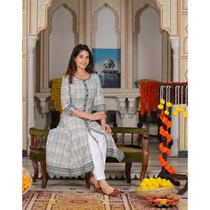 Ensemble Kurta Anarkali en coton imprimé géométrique pour femmes, blanc, 48 pouces, confortable, plusieurs tailles disponibles - Product Image 3