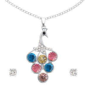 Urthn Fashion Jewelry <b>Set</b> 1202510 Multicolor Austrian Stone Peacock <b>Silver</b> Plated Pendant - Product Image 1