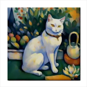 Arte contra salpicaduras de azulejo de cerámica decorativo de gato blanco para decoración del hogar - Product Image 1
