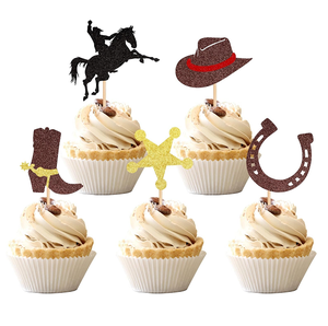 ตกแต่งปาร์ตี้แบบตะวันตกของคุณด้วยท็อปเปอร์คัพเค้กคาวบอยที่มาพร้อมกับหมวกและรองเท้าบูททรงเกือกม้าแวววาวสำหรับวันเกิด - Product Image 1