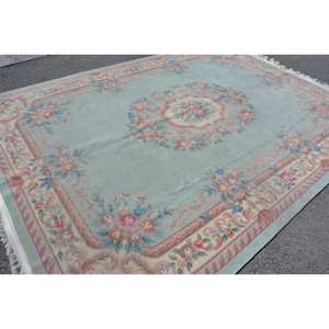 Tapis en laine turque vintage 8 'X 11.5' Style classique bleu Beige Patchwork Design plat tissage Technique Latex pour salon - Product Image 4