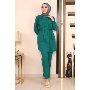 Ensemble décontracté 2 pièces col rond avec détail chaîne émeraude, hauts longs mi-longueur 100% polyester MSW19140-4 - Product Image 3