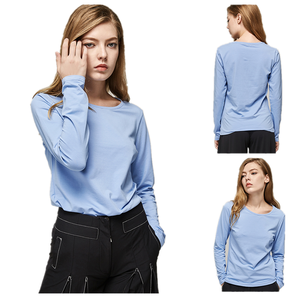 Camiseta lisa de mujer de Color sólido con logotipo estampado personalizado 100% algodón de manga larga para mujer ropa informal Camiseta de manga larga para hombre - Product Image 4