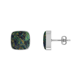 Boucles d'oreilles clous en argent sterling 925 de qualité supérieure, azurite malachite, forme carrée semi-trillion, fermoir papillon, mariage, fête - Product Image 1