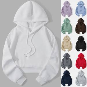 Top corto de Color sólido para mujer, sudaderas con capucha con cordón holgadas, sudadera sencilla y versátil de moda para mujer, sudaderas con capucha de manga larga, ropa de calle - Product Image 1
