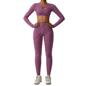 Ensemble de sport pour femmes, yoga, écologique, 3 pièces, respirant, taille plus, legging sans couture, haut à manches longues, soutien-gorge, pantalon - Product Image 1