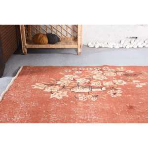 Tapis en laine classique turque Vintage 3.8x6.9 pieds Orange Beige motif floral technique de tissage plat pour adolescent salon latex soutenu - Product Image 2