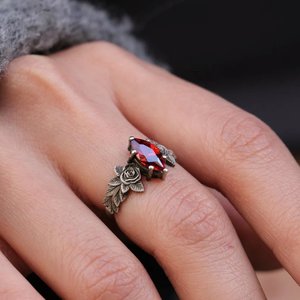 925 argent Sterling Boho feuille fleur Design anneau rouge verre grenat Marquise coupe broche réglage bijoux fins fête mariage - Product Image 6
