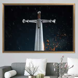 Lienzo con diseño de espada samurái: arte de pared moderno con impresión en vidrio templado, lienzo con marco dorado - Product Image 1