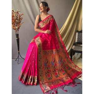 Impresionante Sari Clásico de Seda Paithani Rosa Rani con Blusa Hecha de Tela de Algodón Suave - Product Image 4