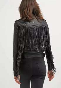 แจ็กเก็ตหนังแท้สำหรับผู้หญิงสีดำสไตล์แบรนโดเสื้อแจ็คเก็ตหนังแท้มีขอบยาวแฟชั่น - Product Image 5