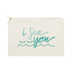 I Sea You Trousse de rangement cosmétique en toile de coton écologique, sac portable à fermeture éclair, motif personnalisé avec logo et lettres pour le rangement du maquillage - Product Image 1