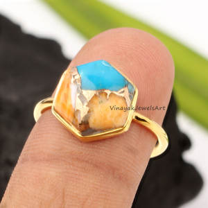 Natural Oyster Copper <b>Turquoise</b> <b>Ring</b> 925 Sterling Silver Bohemian Jewelry Eternity Vermeil 18K Micron <b>Gold</b> Plated Bezel Setting - Product Image 1