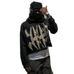 Sweat-shirt à capuche oversize unisexe vintage sans poche, épaules tombantes, ourlet brut, streetwear, patch brodé, délavage acide - Product Image 1