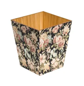 Black floral waste paper bin wooden trash can for home office kitchen restaurant hotel room waste paper garbage bin wholesale