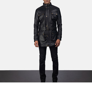 Veste d'hiver authentique pour homme avec fermeture éclair, poches avant, ceinture à la taille, en cuir noir, coupe-vent et respirante - Product Image 5